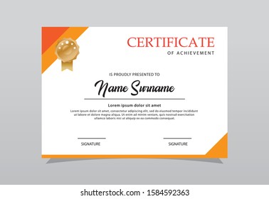 Modern certificate template orange color design. Easy for print.