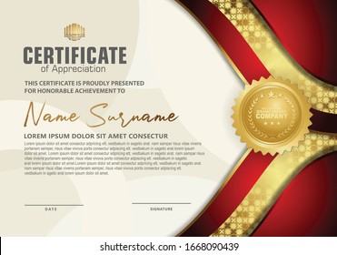 Modern certificate template with red and gold flow lines effect ornament on texture pattern background,