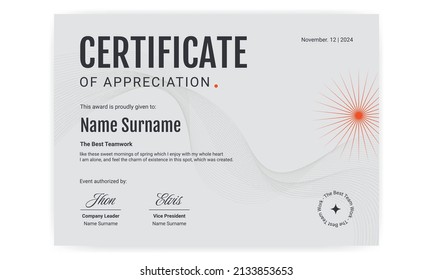 Modern Certificate Template Vector Design. Certificate of appreciation template  for award, diploma, and printing. Certificate border template with luxury and modern line pattern. 