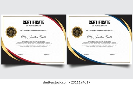 Diseño vectorial de plantilla de certificado moderno, certificado moderno limpio con insignia de oro.