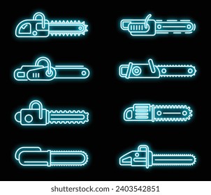 Iconos modernos de la sierra de la cadena. Conjunto de contornos de iconos vectoriales modernos de la sierra de jainas color de neón sobre negro