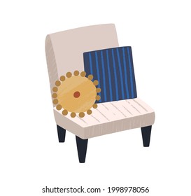 Modern chair with cushions. Armchair with upholstery, pillows and wooden legs. Trendy furniture in retro mid-century style. Seat for living room. Flat vector illustration isolated on white background