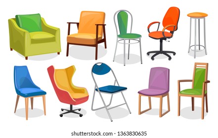 Modern chair furniture collection. Comfortable furniture for apartment interior or office. Colorful cartoon chairs set isolated on white background. Vector illustration - Shutterstock ID 1363830635