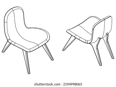 Modern chair isolated on white background. Isometric view of the chair. Simple Outline Drawing, Isolated Vector