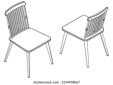 Modern chair isolated on white background. Isometric view of the chair. Simple Outline Drawing, Isolated Vector
