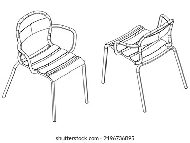 Modern chair isolated on white background. Isometric view of the chair. Simple Outline Drawing, Isolated Vector