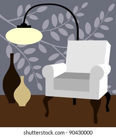 Modern chair and lamp on blue natur wallpaper design for home interior full scalable vector graphic included Eps v8 and 300 dpi JPG