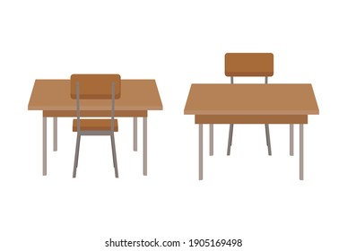 Modern Chair And Table Set Vector Isolated On White Background. Simple Work Desk With Chair On Back And Front View. Office Desk, Classroom Table Or Dinner Table. Table For Student Or Office Worker