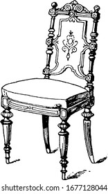 Los asientos y las espaldas de la silla moderna están cubiertos de cuero o, textiles, carece de brazos, tiene patas y un solo asiento, dibujo vintage de línea o ilustración grabadora.