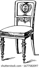 Die Sitze und Rücken des modernen Stuhls sind mit Leder oder Textilien, Armen, Beinen und einem Einzelsitz, Vintage-Linien-Zeichnung oder Graviergrafik bedeckt.