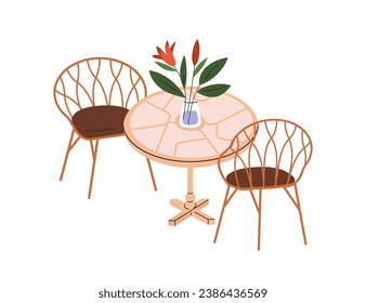 Modern chairs at wooden round table with flower bouquet in vase. Empty dining furniture from wood. Cozy home interior with floral decoration. Flat vector illustration isolated on white background