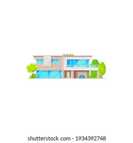 Modern Chalet, Country Contemporary Building, Futuristic Dwelling. Vector Luxury House Sale Or Rent, Country Architecture. House Exterior, Panoramic Windows And Green Trees, Garage Gates Isolated