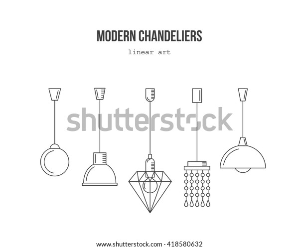 Modern\
chandeliers-vector linear set. Renovation interior symbols.\
Collection of simple ceiling\
lamps.