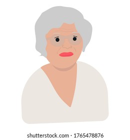 Modern character in cartoon style, flat vector illustration isolated on white background. Old woman icon. Space for text. Copy past. Easy to use. Gray haired female. Granny in glasses. Tired person.