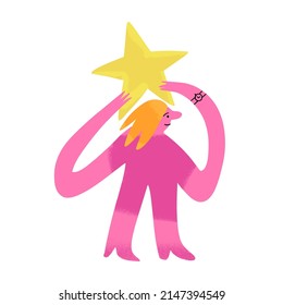 Modern character with long arms holding a huge star. Cute happy girl with watches and big golden star above her head. Quality control, rating, feedback or evaluation concept. Vector illustration.