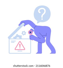 Modern character looking for a solution to the problem. Something went wrong, System error, operational error. Business Concept illustration with man taking part in business activities