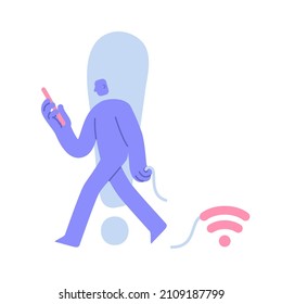 Modern Character Loses Wi-fi Connection. No Connection, No Internet, Search Wireless Network Signal On Mobile Phone. Business Concept Illustration With Man Taking Part In Business Activities