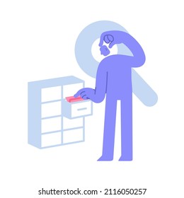 Modern Character Opens Database Drawer And Searching Files. Library Card Index, Archive, Database, Library Concept. Business Concept Illustration With Man Taking Part In Business Activities