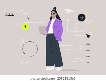 A modern character stands confidently with a laptop in a sleek environment filled with colorful, interactive screens displaying various data visuals
