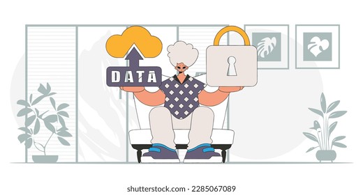 Modern character style vector of man with cloud storage and padlock.