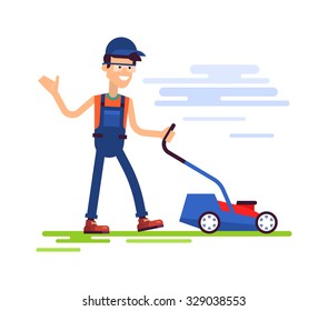Modern Character - Young Attractive Man Cutting Grass With Lawn Mower, Friendly Smiling And Welcomes. Lawnmower - Stock Vector Illustration In Flat Design.