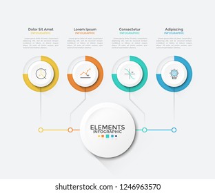 Modern chart with 4 round paper white elements connected to main circle. Clean infographic design template. Vector illustration for business scheme, visualization of startup project features.