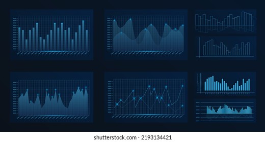 Moderne Charts-Vorlage im Wireframe-Low-Poly-Stil. Futuristische Infografiken für die Finanzanalyse. Statistische grafische Elemente mit Linien und Lichtern. 