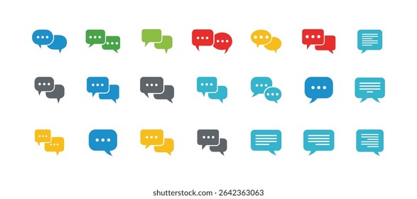 Modern chat bubbles icon set in blue, green, red, yellow, gray colors, flat vector on white background.