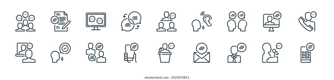 modern chat and communication icon pack. perfect for linear ui designs featuring vector mobile phone, leader, speak, email, speaker, chat message, talking and more icons for mobile and web apps.