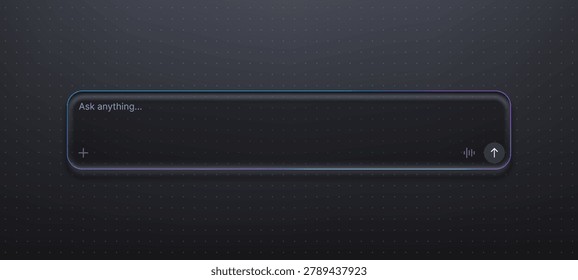 Modern chat interface with input field for artificial intelligence. Dark UI layout for virtual assistant and chatbot conversation. Innovative digital communication design element.