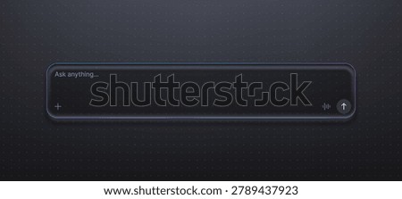 Modern chat interface with input field for artificial intelligence. Dark UI layout for virtual assistant and chatbot conversation. Innovative digital communication design element.