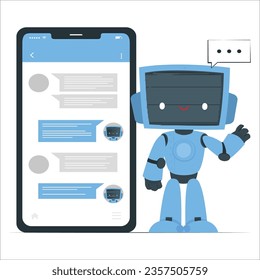 modern chatbot assistant conversation robotic character chatting by messages chat app artificial intelligence. blue robot isolated on white background. 3D rendering image with clipping path. 2416