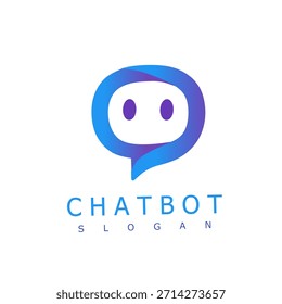 Modernes Chatbot-Logo mit freundlichem Sprechblasencharakter in blau und violettem Farbverlauf, das KI-Kommunikation, digitale Unterstützung und intelligente Messaging-Technologie darstellt