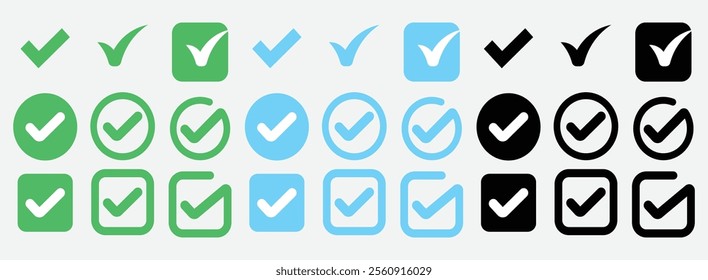 Modern check mark icon set featuring clean and bold designs. Ideal for approvals and task management tools.