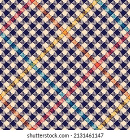 Modern check plaid pattern tweed for skirt, dress, scarf in navy blue, red, orange, yellow, beige. Seamless multicolored herringbone tartan for spring autumn winter fashion fabric design.