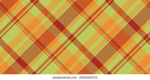 Modern check plaid vector, production pattern texture fabric. Printout background textile tartan seamless in lime and orange colors palette.