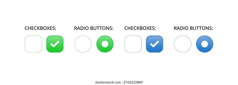 Modern checkboxes and radio buttons UI set. Clean, minimal design suitable for web interfaces, mobile applications, dashboards, forms, and user experience projects.