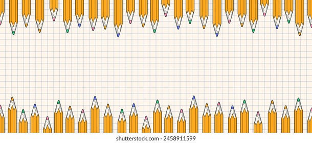 Moderner karierter Hintergrund mit Bleistiften. Verschiedene Farbstifte. Viele Bleistifte auf Gitterpapier. Zeit zu lernen. Schule. Schulhintergrund. Bildung und Erziehung