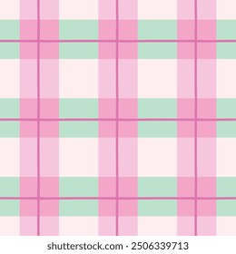 Modern checkered seamless design for a shirt. Vector cute tartan in pink and green colors. Geometrical checkered plaid seamless background