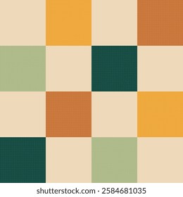 Modern checkered vector pattern in earth tones featuring sage green, golden, forest green, and terracotta squares arranged in a classic grid layout with subtle texture overlay and cream separators.