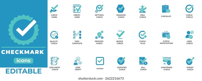 Modern checkmark vector icons for UI, presentations, digital projects. Clean, editable symbols for branding, lists, corporate materials