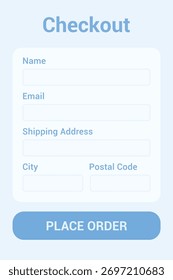Plantilla de diseño de interfaz de usuario de página de Completar compra moderna con diseño limpio, campos de formulario para nombre, correo electrónico, Dirección y Botón de pedidos para comercio electrónico, pago y App de compras.