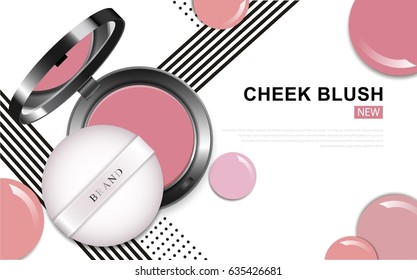 Modern cheek blush pink or makeup powder ads, package background illustration vector design.