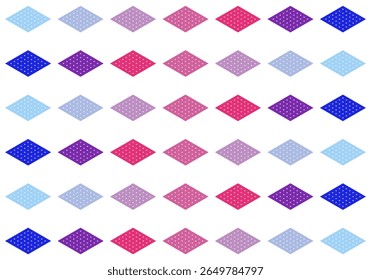 A modern and cheerful seamless pattern of geometric diamond shapes with polka dot texture in a variety of bright pastel shades. Ideal for backgrounds, textiles, packaging and gift wrapping.