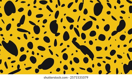 Modern cheetah pattern with black spots on yellow background, ideal for textiles, wallpapers, and backgrounds. High quality vector graphic for stylish projects.