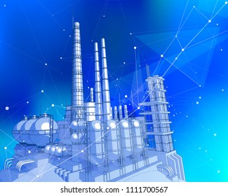 Modern Chemical Manufacturing Plant On A Blue Technological Background With A Stylized Digital Wave - The Concept Of Modern Technology, The New Industrial Revolution & Information Technology / Vector