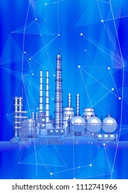 modern chemical manufacturing plant on a blue technological background with a stylized digital wave - the concept of modern technology, the new industrial revolution & information technology / vector