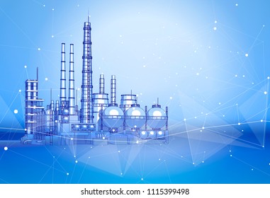 Modern Chemical Manufacturing Plant On A Blue Technological Background With A Stylized Digital Wave - The Concept Of Modern Technology, The New Industrial Revolution & Information Technology / Vector