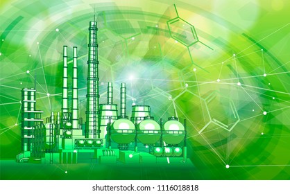 Modern Chemical Manufacturing Plant On A Green Technological Background With A Stylized Digital Wave - The Concept Of Modern Technology, The New Industrial Revolution & Information Technology / Vector