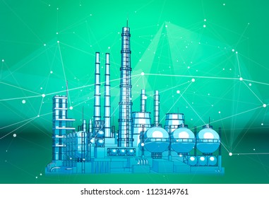 Modern Chemical Manufacturing Plant On A Green Technological Background With A Stylized Digital Wave - The Concept Of Modern Technology, The New Industrial Revolution & Information Technology / Vector